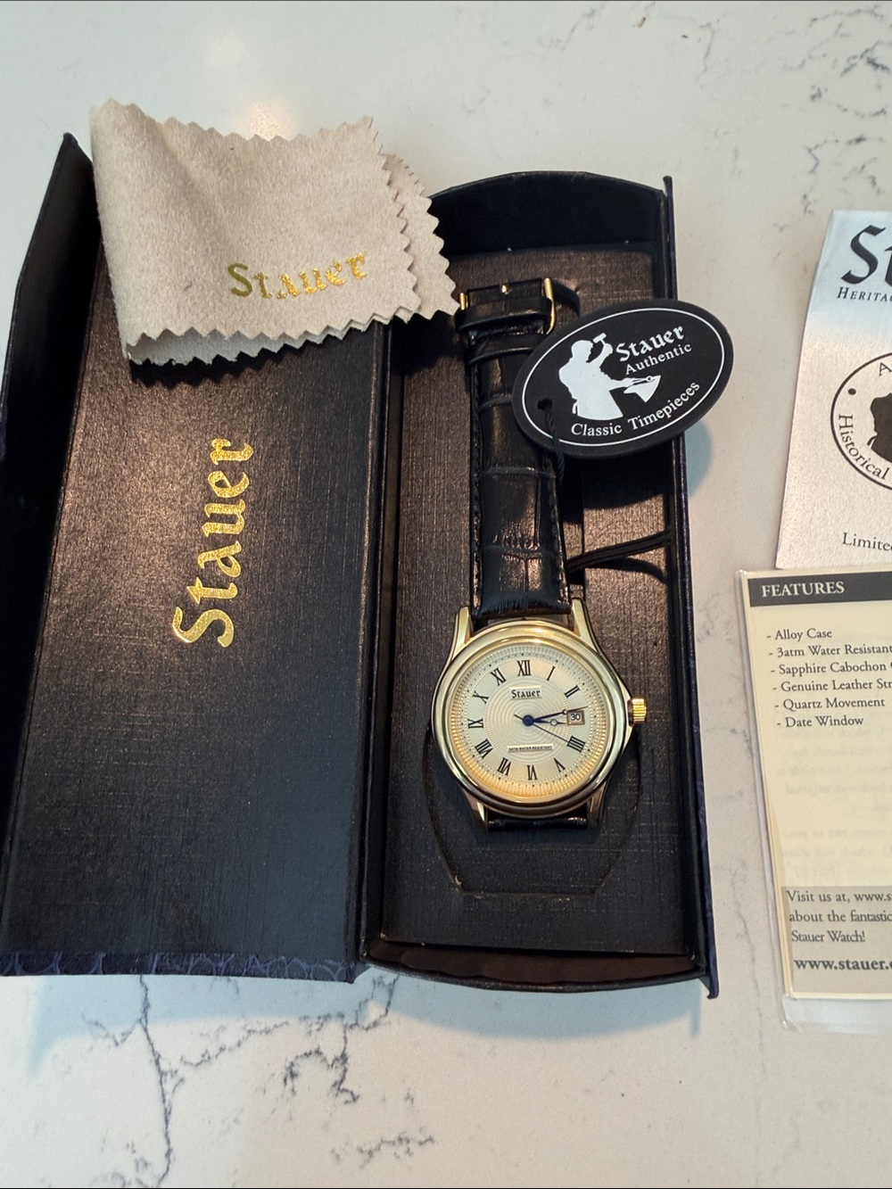Men's New Stauer Classic Gold-Tone Watch with Black Leather Strap